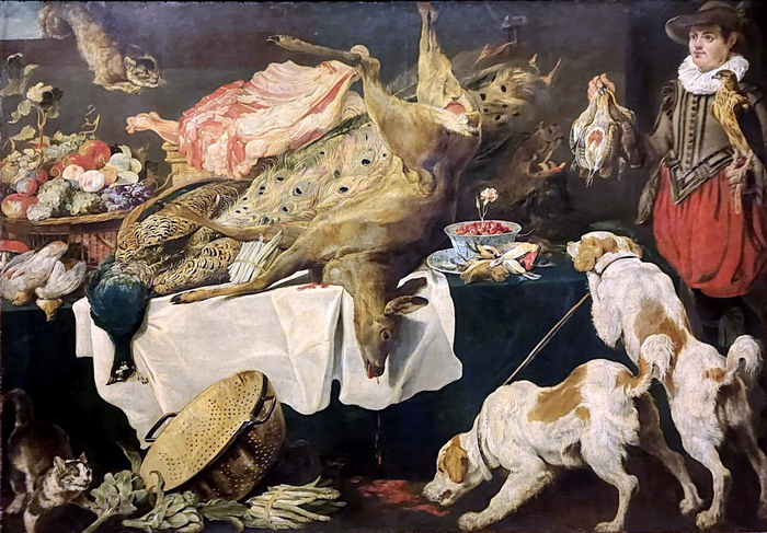 Пауль де Вос: Охотник с собаками у стола с дичью и фруктами