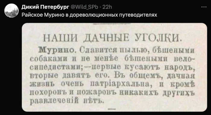 Rayskoye Murino in pre-revolutionary guidebooks - Picture with text, Humor, Twitter, Saint Petersburg, Murino, Screenshot, Clippings from newspapers and magazines, Hardened