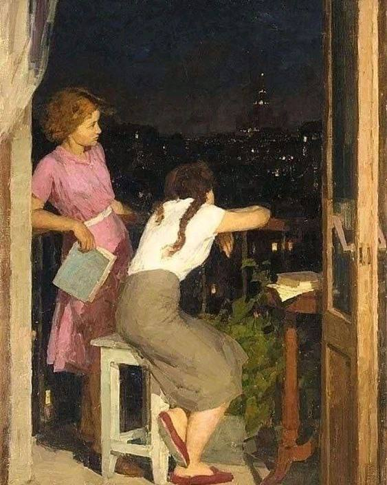 On the Balcony, 1956. Artist: Karl Friedman - Balcony, Night, Art, Made in USSR, Childhood in the USSR, Painting, the USSR, Painting, Drawing, Canvas, Author's painting, Oil painting, Telegram (link)