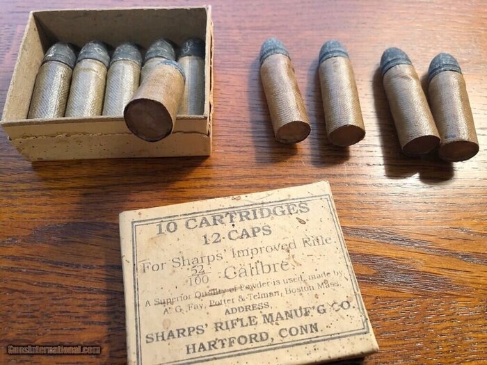 Патроны Шарпса в сгораемой гильзе из нитрированного льна, сохранившиеся до наших дней. Дно гильзы изготовлено из нитрированного картона