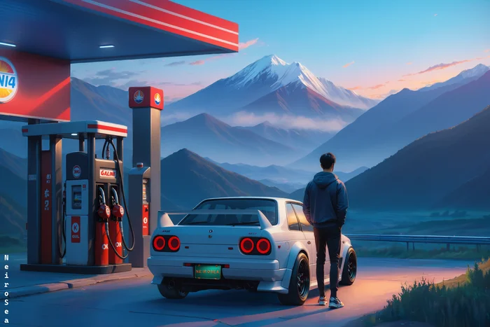 Once Upon a Gas Station | Stable Diffusion | Ai | SDXL - My, Stable diffusion, Art, Longpost, Нейронные сети, Neural network art, Game art, 2D, Vibe, Japan, Desktop wallpaper