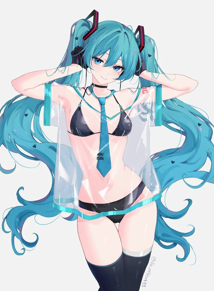 Hatsune Miku #170 - Anime, Anime art, Hatsune Miku, Girls, Long hair, Gloves, Swimsuit, Smile, Stockings, Tie, Transparency, Bikini