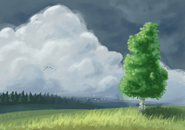 Nature of the middle zone. Landscape + process of creation - My, Art, Digital drawing, Digital, Krita, Landscape, Forest, Birch, Clouds, Nature, Longpost, Drawing process