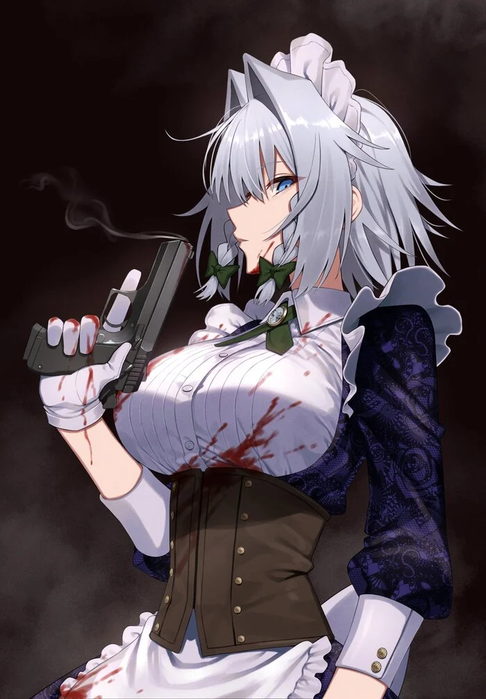 Боевая горничная - Touhou, Izayoi Sakuya, Greenkohgen, Арт, Anime Art, Аниме, Горничная, Красные глаза, Чулки, Длиннопост