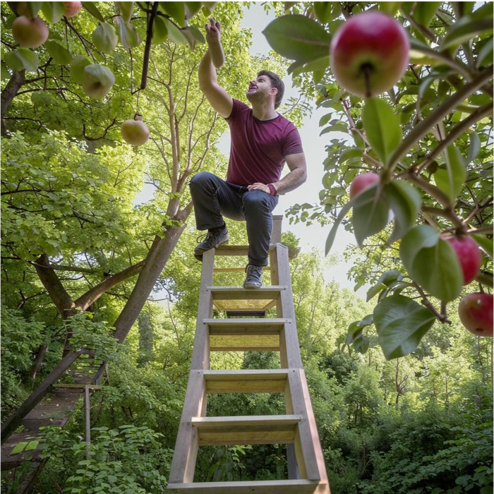 Так нейросеть видит мужчину, собирающего яблоки. Что у него с рукой случилось, не знаю, не спрашивайте. Много раз генерировала, и все какие-то уродцы получались. Следующая картинка еще смешнее