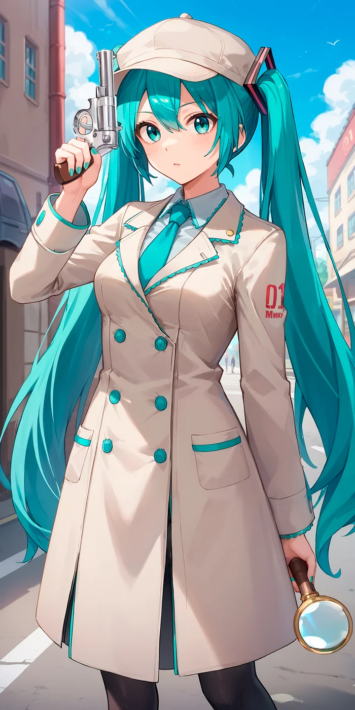 Friday Miku #11: Elephant Quest - My, Hatsune Miku, The investigation is being conducted by koloboks, Neural network art, Portrait, Anime art, Pathfinder, Detective, Stable diffusion, Girls, Colorful hair, Cap, Coat, Magnifier, Referral, Friday Miku