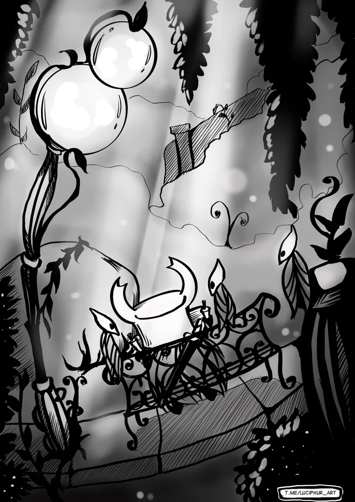 Hollow Knight - скамейка на Зеленой тропе - Моё, Procreate, Персонажи, Рисунок, Арт, Inktober, Иллюстрации, Hollow Knight, Рисование, Компьютерные игры, Жуки, Иллюстратор