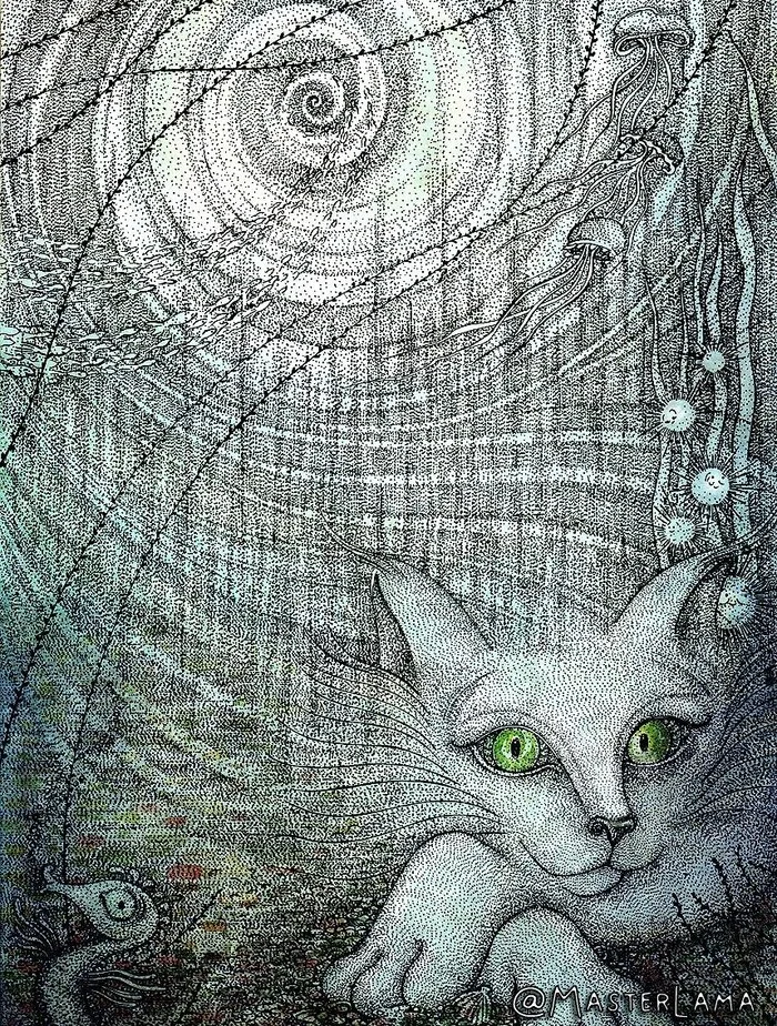 Who lives at the bottom of the ocean - My, Dotwork, Graphics, cat