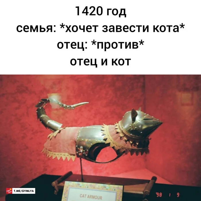 Отец и кот, 1420 год - Моё, Мемы, Картинка с текстом, Отец, Кот, Доспехи, Средневековье, Юмор, Страдающее средневековье