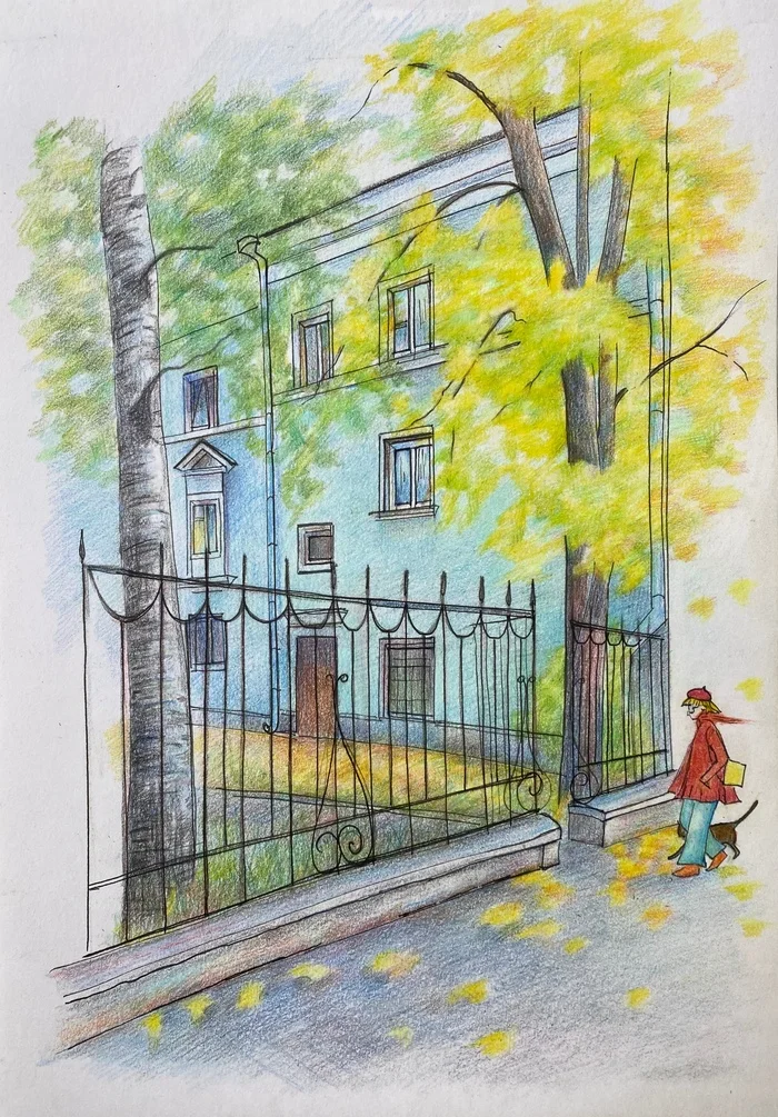 Okhta. Autumn - My, Okhta, Saint Petersburg, Graphics, Colour pencils, Liner, Luboff00, City walk