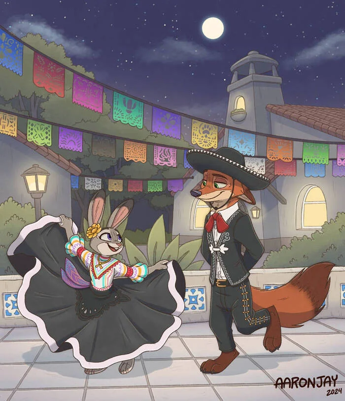 Fiesta - Zootopia, Nick wilde, Judy hopps, Night, Fiesta, Sombrero, Art, Furry