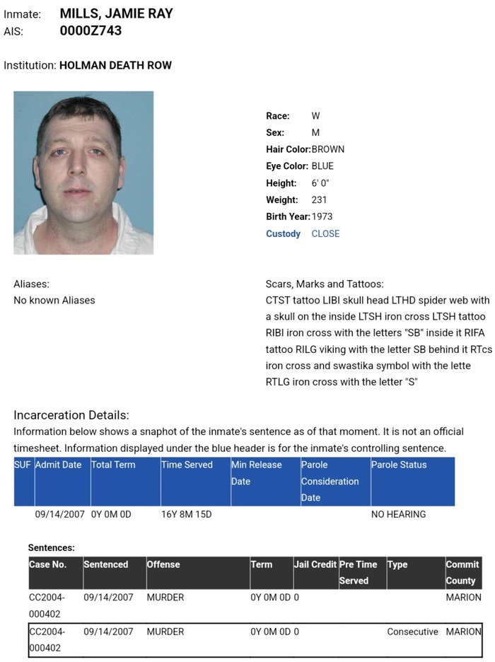Интересно что Миллс был привержен неонацистским взглядам, исходя из описания его татуировок, хотя нигде в судебных документах этот факт не упоминается и потому не ясно был ли он таким радикалом на момент убийств, или же стал после, в окружной тюрьме.