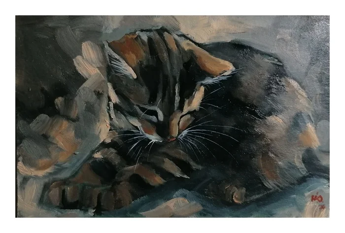 Striped - My, Painting, cat, Oil painting, Pets, Artist, Art, Etude, Author's painting, Animalistics, Kittens, Painting