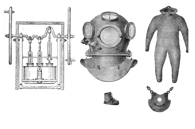 Водолазный расчет в начале ХХ-го века - Изобретения, Инженер, Водолазный костюм, Водолаз, Компрессор, Техника, Промышленность, Образование, Воздуходувка, Российская империя