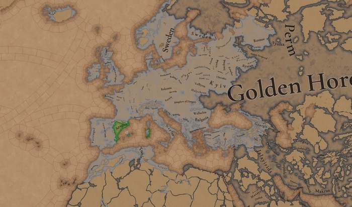 Темно-серый цвет — куда Арагон не может отправить дипломатов в 1337 году, так как они находятся вне зоны досягаемости.