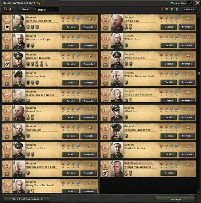 Теперь Германия начинает с меньшим количеством генералов и фельдмаршалов, но посредством фокусов можно будет открыть новых (а некоторых отправить в отставку).