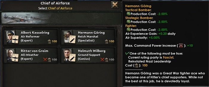 Герман Геринг имеет черту «Рейхсмаршал», что позволяет ему производить больше самолётов.