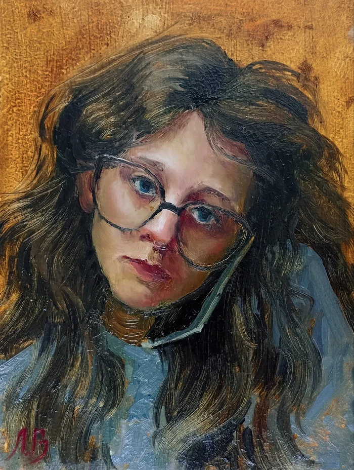 Mom called just as I was sitting down to take a self-portrait. - My, Painting, Author's painting, Self-portrait, Butter, Etude