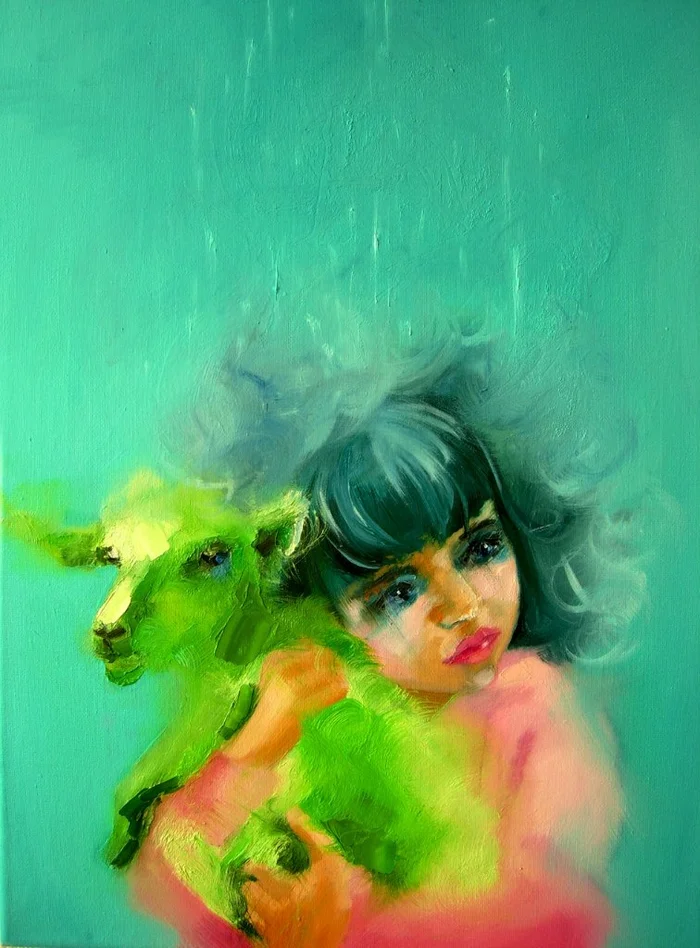 Green lamb - My, Painting, Children, Animals, Childhood, Oil painting