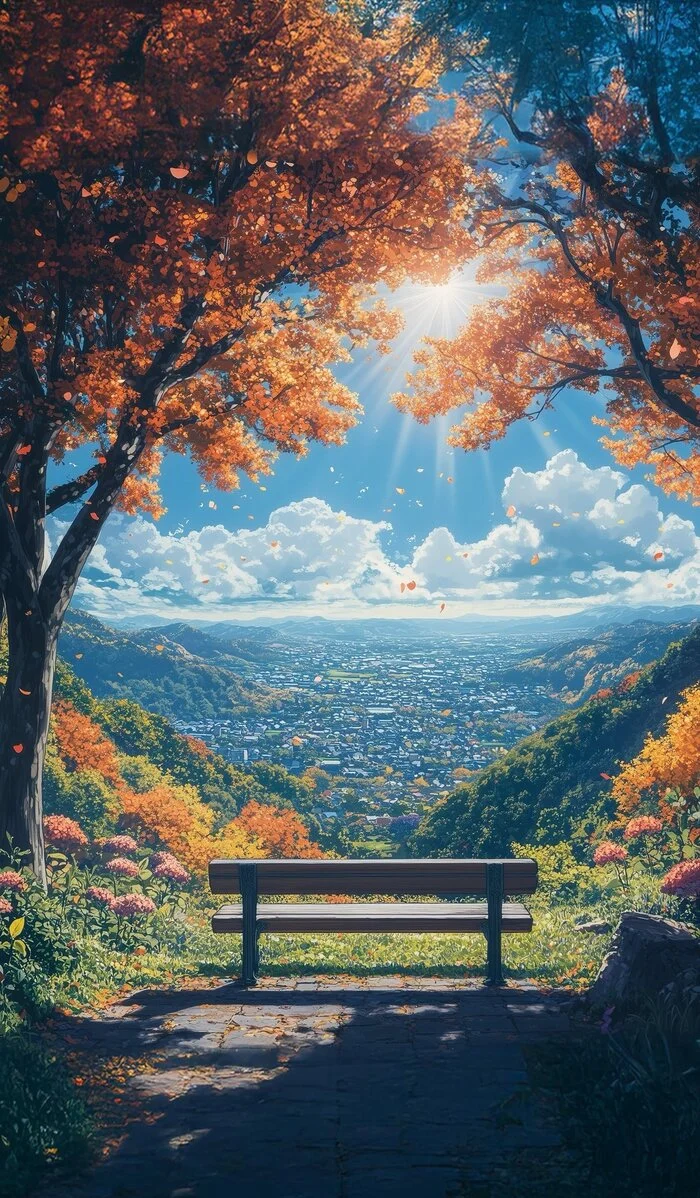 A secluded place - Autumn, Art, Neural network art, The mountains, Day, Bench, Clouds, Town