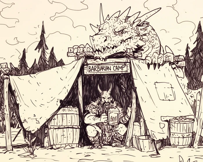 Inktober-2024. Day 22: Camp - My, Neural network art, Midjourney, Pinanoc, Barbarian, Inktober