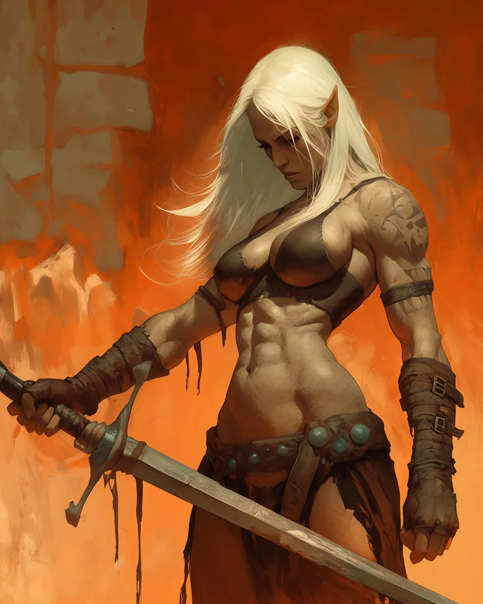 Drow Barbarian - My, Neural network art, Midjourney, Pinanoc, Barbarian, Barbarian, Barbara, Girls, Strong girl, Muscle, Drow, Dungeons & dragons