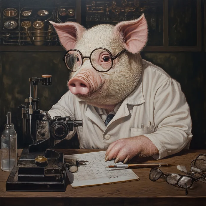 Pig-optician - My, Neural network art, Нейронные сети, Humor, Wordplay, Pun, Pig, Optics, Midjourney, Absurd, Images, Glasses, Strange humor