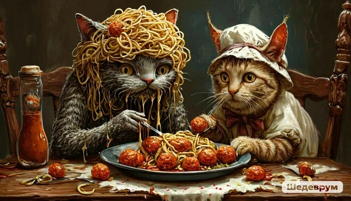 Pikabu feed (delicious) - My, Pastafarianism, Masterpiece (Yandex), Food, cat, Neural network art, A wave of posts