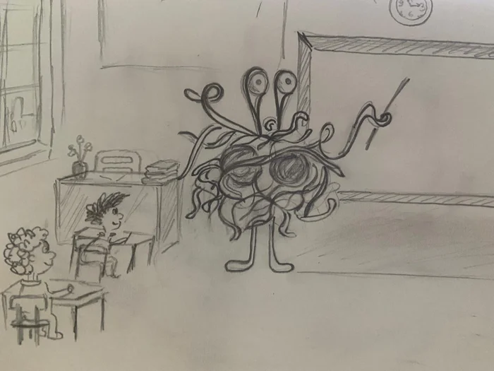 KolesoSensor's answer to Pastafarian Teacher Again - My, Pastafarianism, Flying pasta monster, School, Religion, A wave of posts, Text, Reply to post, The photo, Drawing