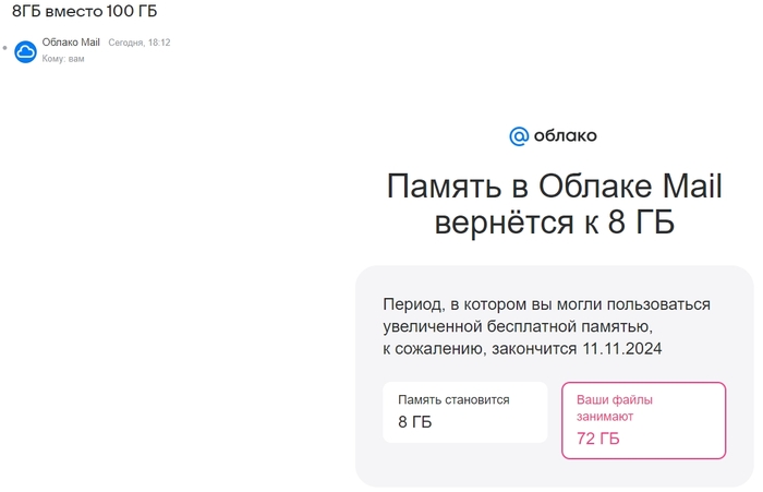 Память в Облаке Mail вернётся к 8 ГБ