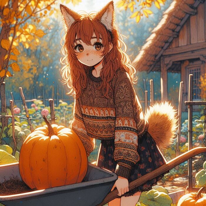 Pumpkin - My, Ginger & White, Art, Neural network art, Нейронные сети, Girls, Anime, Original character, Kitsune, Animal ears, Tail, Redheads, Freckles, Pumpkin, Autumn, Longpost