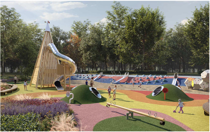 В реальности эта детская площадка выглядит почти настолько же восхитительно красиво. Я б все облазила, будь мне пять.