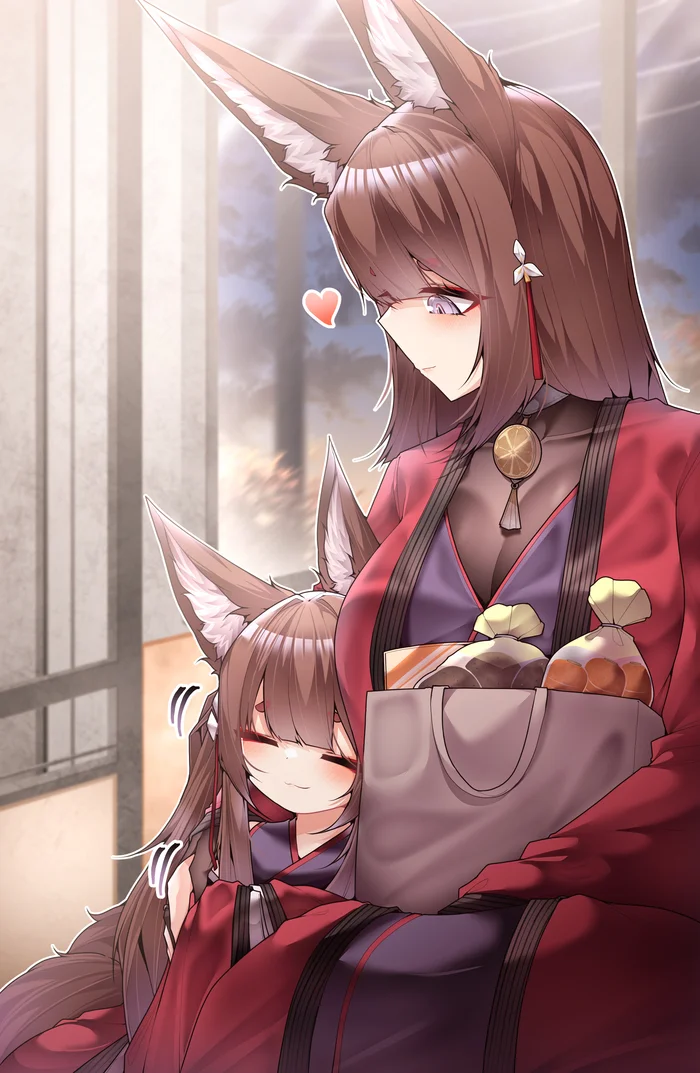 Продолжение поста «Мама» - Samip, Арт, Аниме, Anime Art, Azur Lane, Animal Ears, Хвост, Кицунэ, Amagi, Ответ на пост