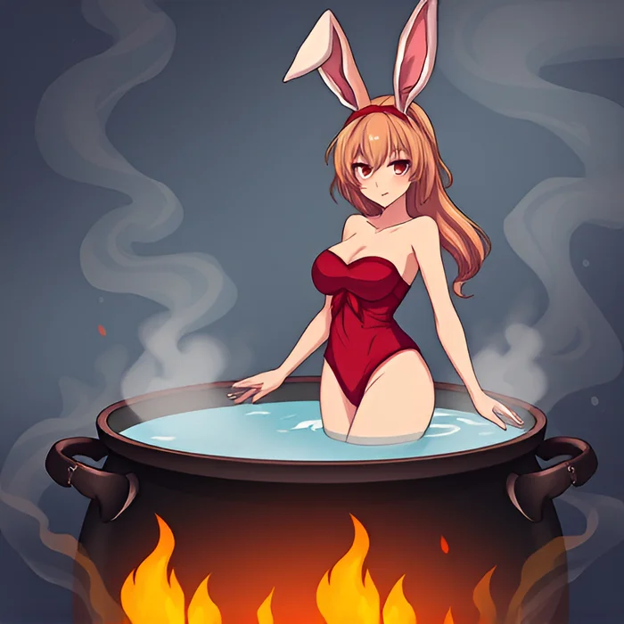 Rabbit girl bathes in boiling water - Bathing, Swimsuit, Girls, Art, Anime, Women, Boiler, Fire, Boiling water