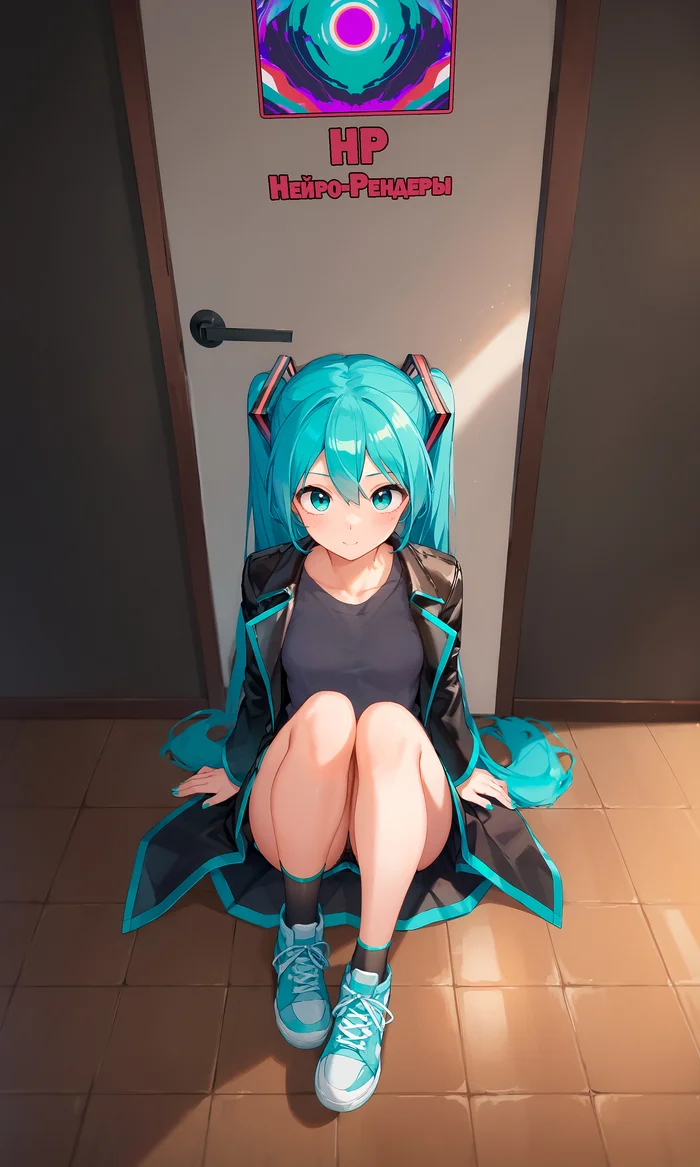 Friday Miku #12: The sooner work Friday starts, the sooner the weekend will come - My, Friday Miku, Hatsune Miku, Anime art, Expectation, Legs, Sneakers, Colorful hair, Blue eyes, Door, Is sitting, Neural network art, Stable diffusion, Girls, Digital drawing