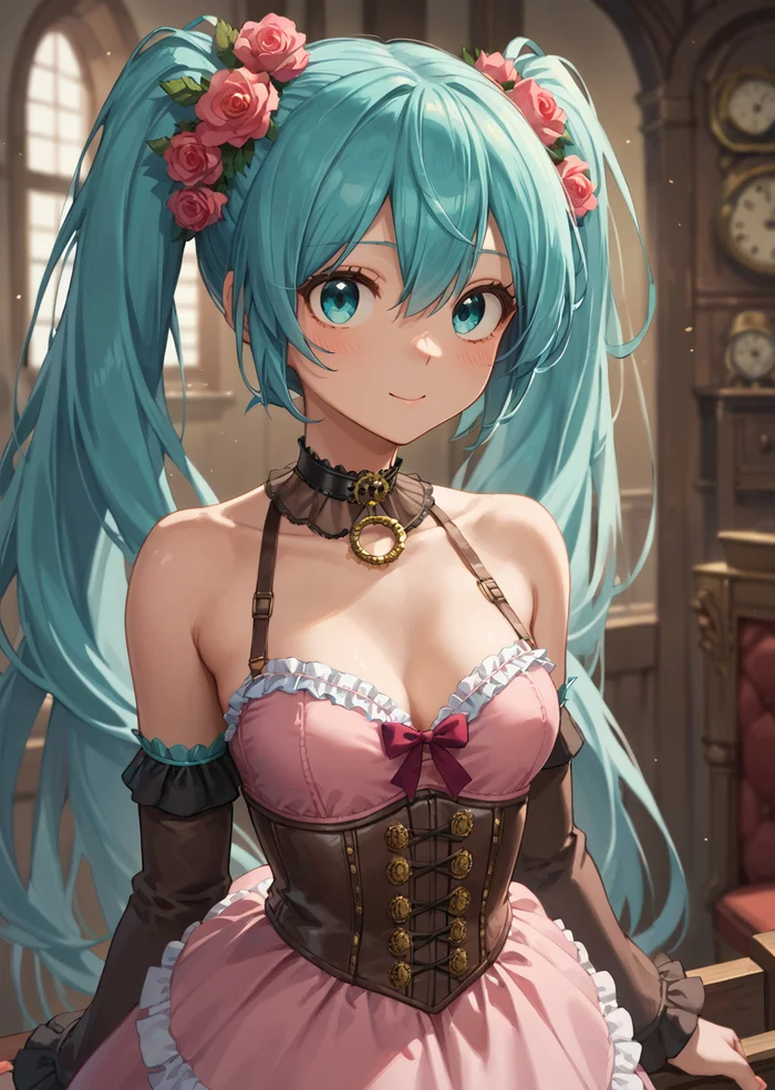 Friday Miku #12.1: A Step Towards Steampunk Aesthetics - My, Friday Miku, Hatsune Miku, Anime art, The dress, Neural network art, Stable diffusion, Neckline, Portrait, In full growth, Teamwork, Blue eyes, Colorful hair, Girls, Tights, Corset, Steampunk, Longpost