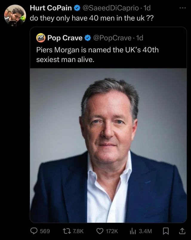 Piers Morgan is an English television presenter, journalist, writer and media personality. - Humor, Great Britain, Twitter