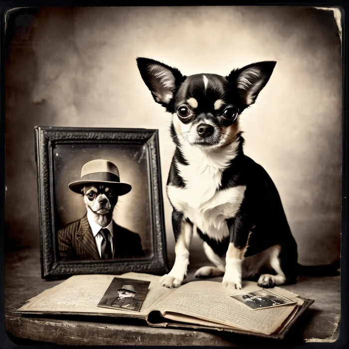 Happy Old Photo Day! - My, Neural network art, Chatgpt, Stable diffusion, 2D, Art, Old photo, Chihuahua, Postcard, Absurd