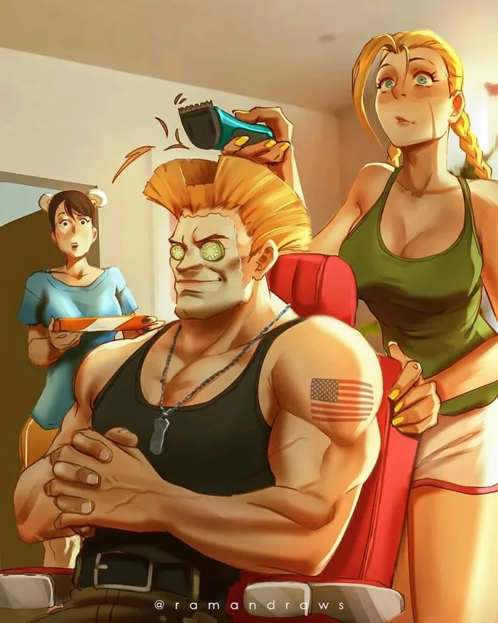 Oops ! - Art, Drawing, Capcom, Street fighter, Guile, Chun-Li, Cammy white, Girls, Games, Retro Games, Game art, Стрижка, Ramandraws