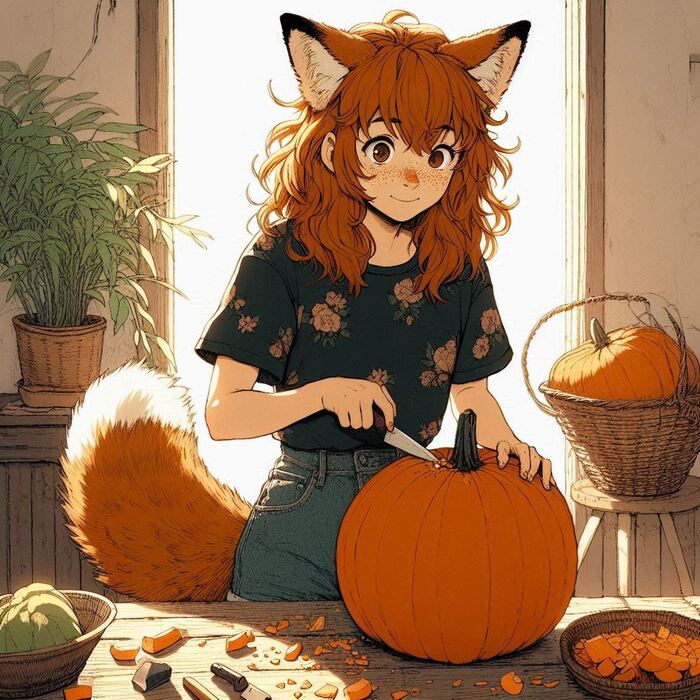 The night before - My, Ginger & White, Neural network art, Нейронные сети, Art, Anime art, Girls, Anime, Kitsune, Animal ears, Tail, Original character, Redheads, Halloween, Horror, Longpost