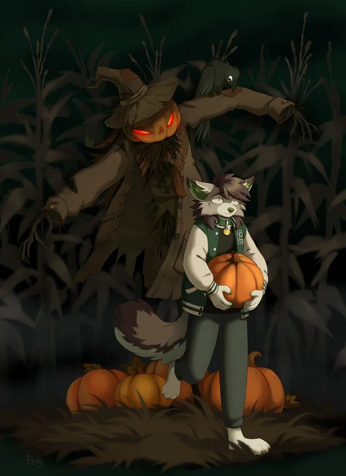 Where did you drag him from the collective farm field?!!! - Furry, Furry canine, Halloween, Pumpkin, Scarecrow, Night, Furry art, Art, VKontakte (link)