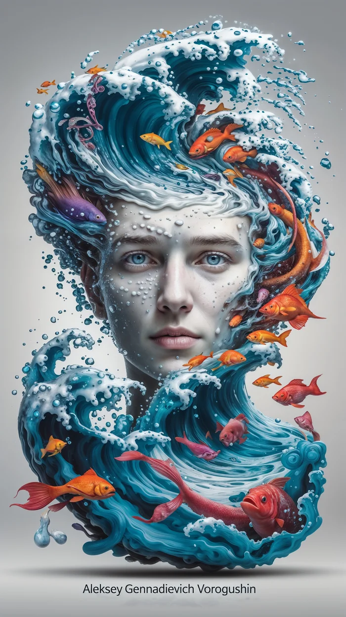 Contemporary artist: Vorogushin Alexey Gennadievich. Surrealistic portrait of a woman made of waves and fish. Evaluation and analysis of neuroart using AI - My, Dall-e, Digital, Phone wallpaper, Нейронные сети, Desktop wallpaper, Art, Neural network art, Surrealism, Women, Girls, Art, Modern Art, Sea, Computer graphics, Artificial Intelligence, Digital drawing, Cover, Abstraction, Artist, Longpost