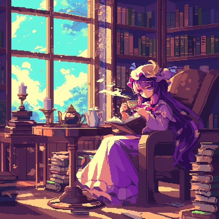 Teatime Touhou, Patchouli Knowledge, Pixel Art, Anime Art, Game Art, , 