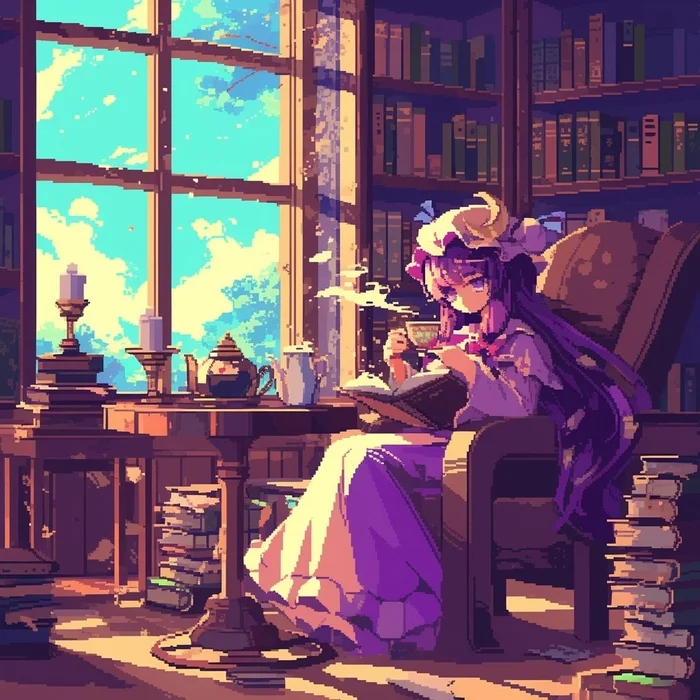 Teatime - Touhou, Patchouli Knowledge, Pixel Art, Anime art, Game art, Anime, Games