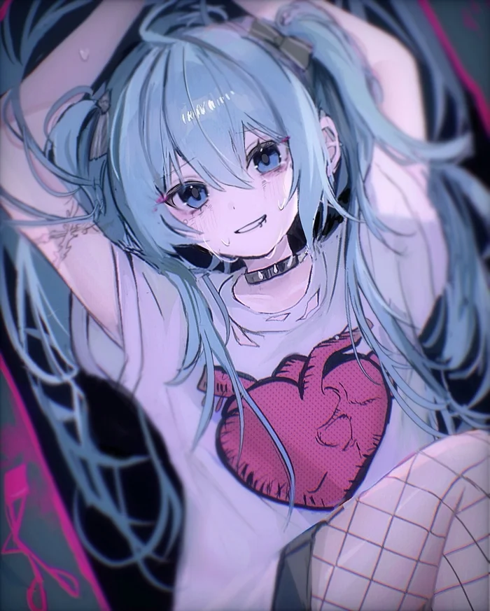 Hatsune Miku #174 - Anime, Anime art, Hatsune Miku, Girls, Blue eyes, T-shirt, Net, Scar, Tears, Long hair, Choker, Tights