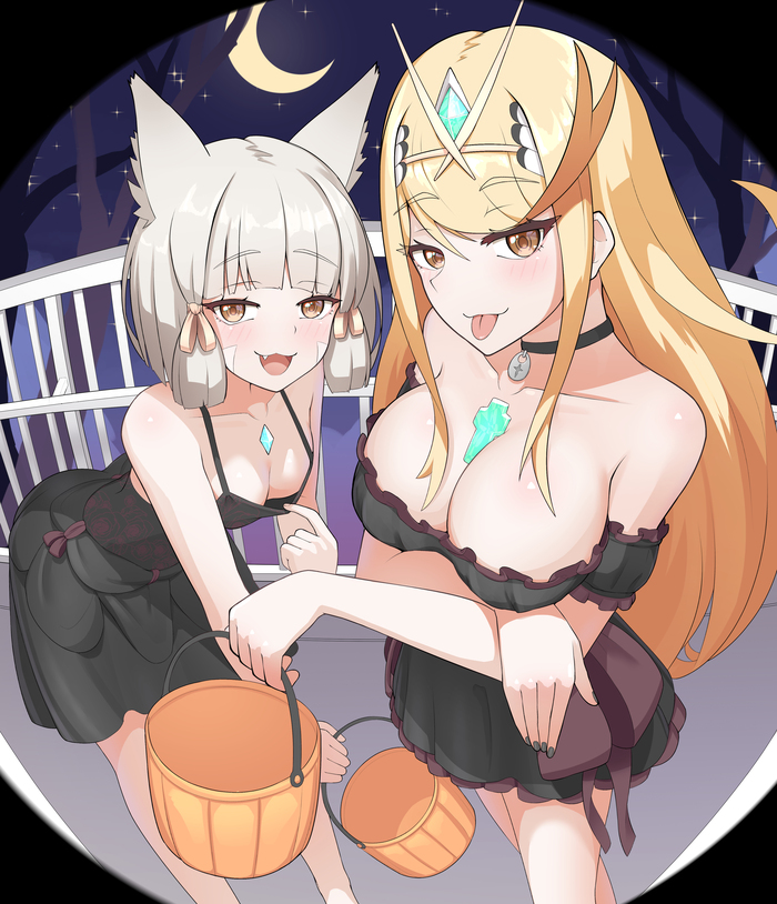 Nia Mythra halloween Anime Art, , Xenoblade, Nia, Mythra, Animal Ears, Zambonito, Nintendo Switch, 