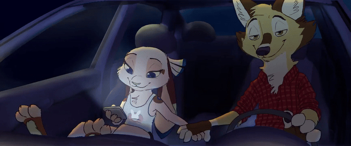 On the night road - Furry, Furry rabbit, Furry fox, Auto, Night, Hand in hand, Smartphone, GIF