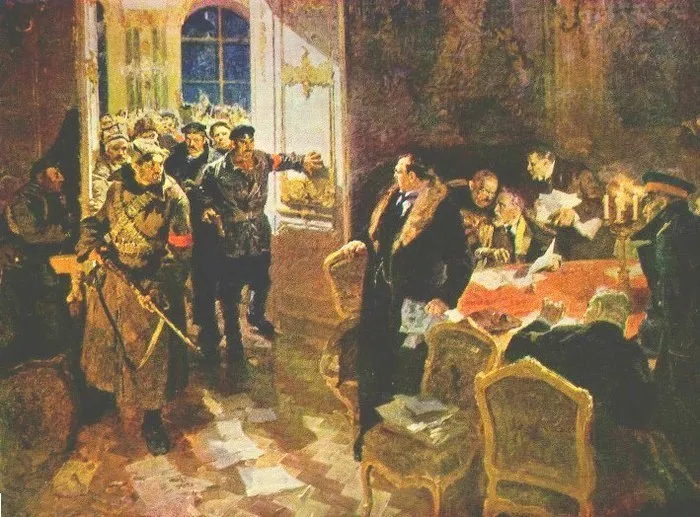 Лопухов В.Н. "Арест Временного Правительства " . Картина 1963 года .Кто же эти люди , арестовавшие Временное Правительство ? - Не полицейские , не приставы , не военные , а красногвардейцы , т.е. члены незаконных вооруженных формирований .