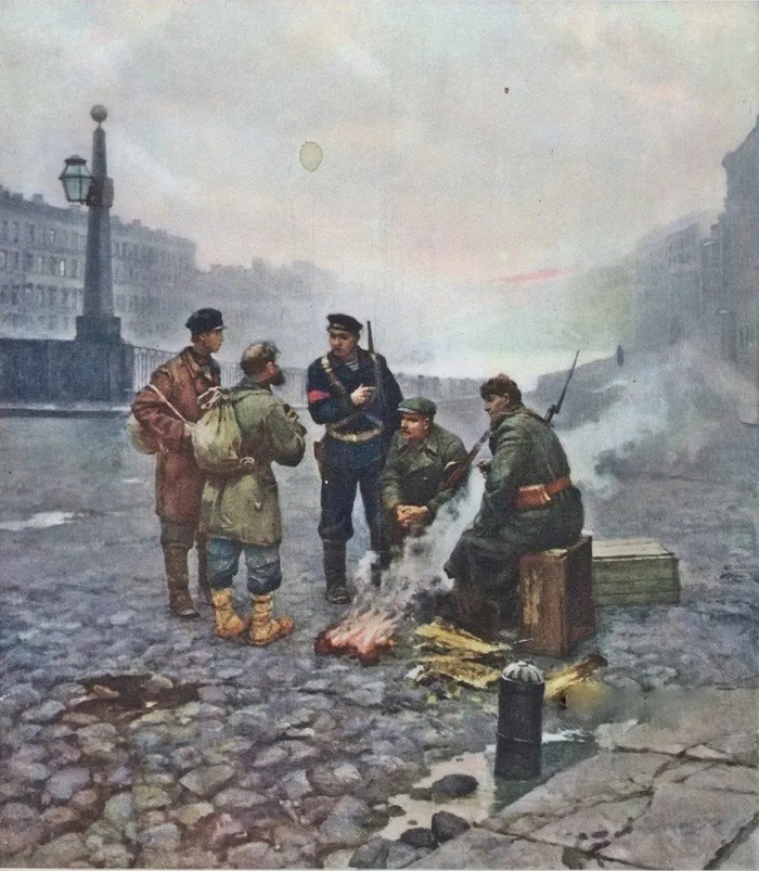 Серов Я. В. «Как пройти в Смольный» . Картина 1958 года . Насколько была незаконна Красная Гвардия , настолько незаконны были ее костры в городах . В 1918-ом она была ликвидирована ; часть красногвардейцев влилась в РККА .