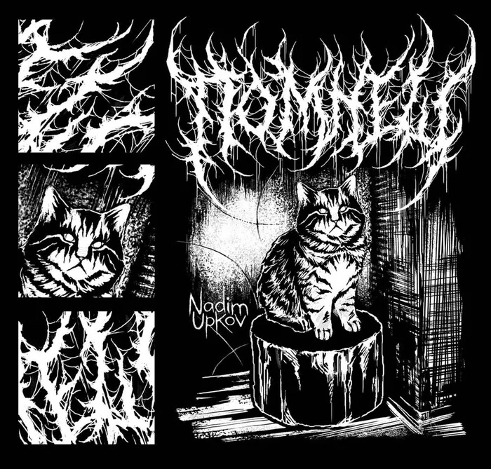 Black metal t-shirt based on the meme with the cat Kuzya (Kuzya pomnesh) - My, Black metal, Death metal, Logo, Print, T-shirt, cat, Memes, Kuzya, Acrylic, Handmade, Longpost